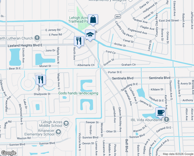 map of restaurants, bars, coffee shops, grocery stores, and more near 117 Shadow Lakes Drive in Lehigh Acres