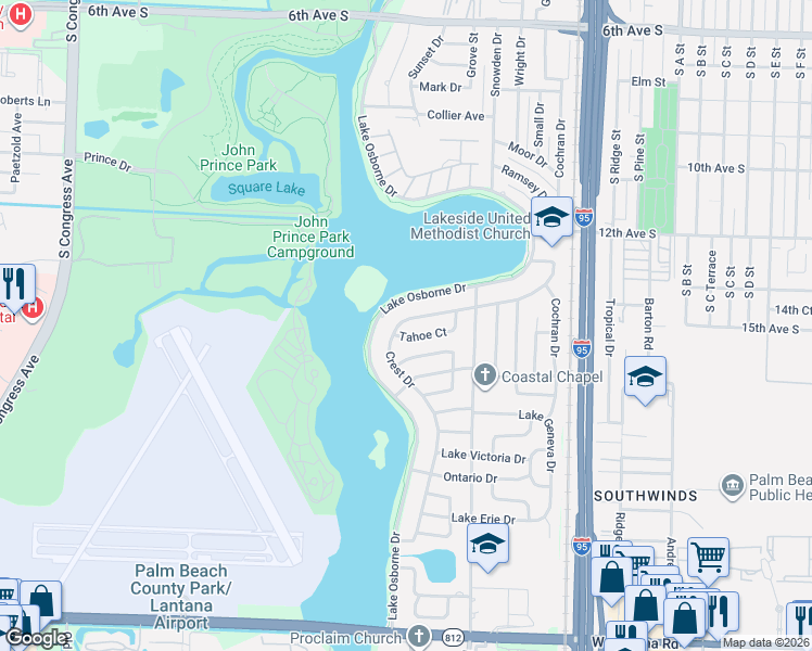map of restaurants, bars, coffee shops, grocery stores, and more near 1424 Tahoe Court in Lake Worth