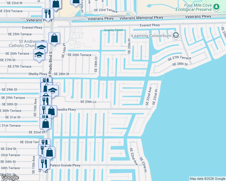 map of restaurants, bars, coffee shops, grocery stores, and more near 2827 Southeast 19th Place in Cape Coral