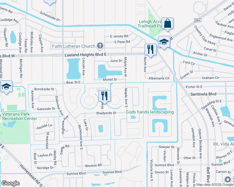 map of restaurants, bars, coffee shops, grocery stores, and more near 116 East Lake Drive in Lehigh Acres
