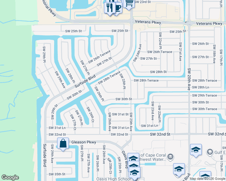 map of restaurants, bars, coffee shops, grocery stores, and more near 2538 Southwest 29th Terrace in Cape Coral
