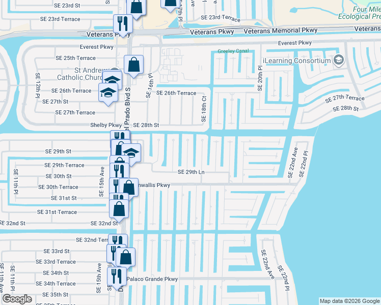 map of restaurants, bars, coffee shops, grocery stores, and more near 2831 Southeast 18th Avenue in Cape Coral