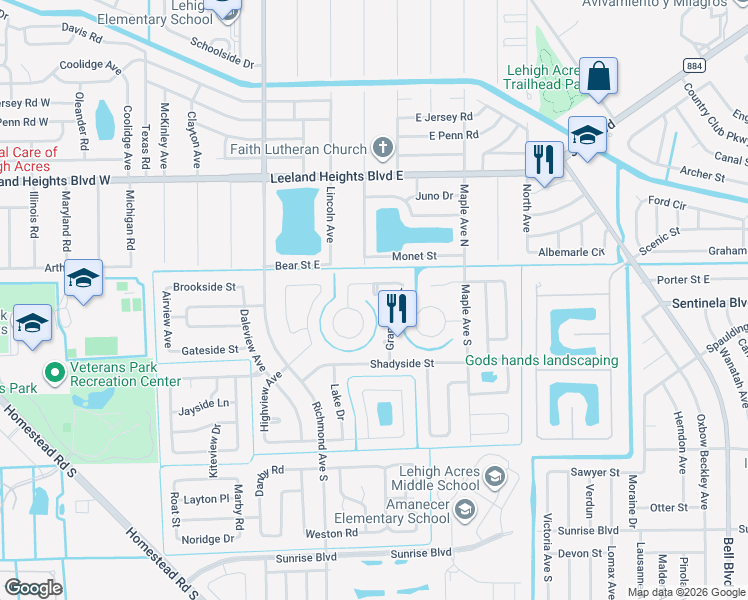 map of restaurants, bars, coffee shops, grocery stores, and more near 610 Grandview Court in Lehigh Acres