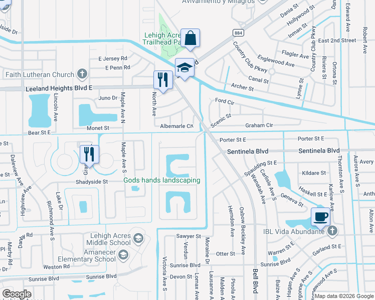 map of restaurants, bars, coffee shops, grocery stores, and more near 116 Shadow Lakes Drive in Lehigh Acres