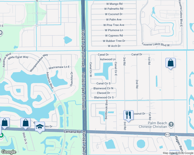 map of restaurants, bars, coffee shops, grocery stores, and more near 7942 Burlwood Lane in Lake Worth