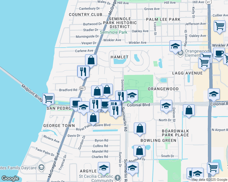 map of restaurants, bars, coffee shops, grocery stores, and more near 406 Lazio Way in Fort Myers