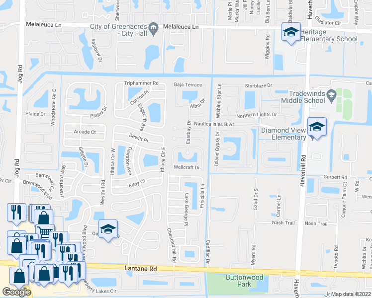 map of restaurants, bars, coffee shops, grocery stores, and more near 5409 Eastbay Drive in Greenacres