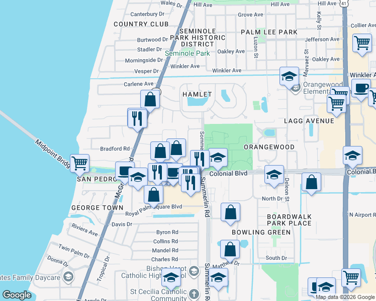 map of restaurants, bars, coffee shops, grocery stores, and more near Lazio Way in Fort Myers
