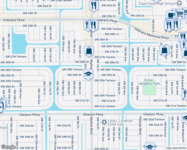 map of restaurants, bars, coffee shops, grocery stores, and more near 2918 Southwest 7th Place in Cape Coral