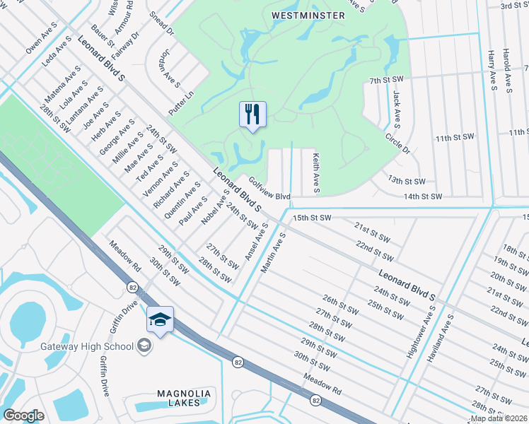 map of restaurants, bars, coffee shops, grocery stores, and more near 4801 Leonard Boulevard South in Lehigh Acres