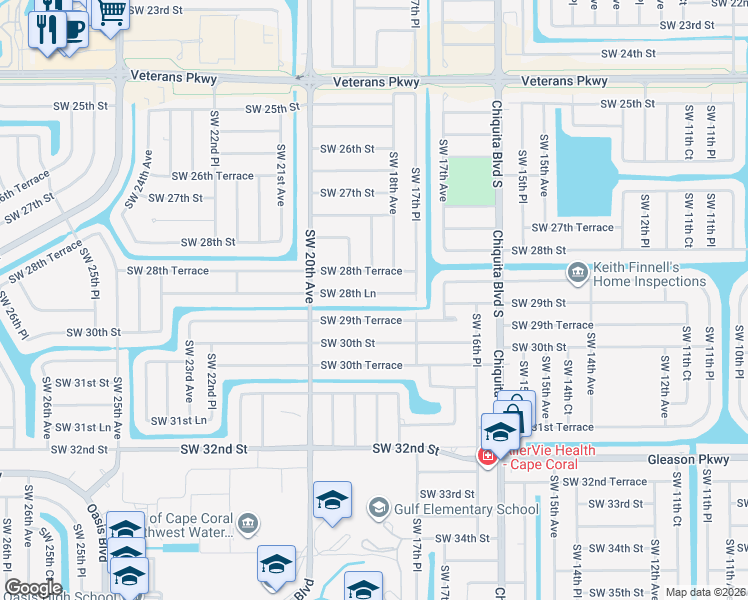 map of restaurants, bars, coffee shops, grocery stores, and more near 1811 Southwest 29th Terrace in Cape Coral