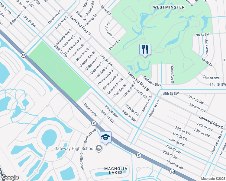 map of restaurants, bars, coffee shops, grocery stores, and more near 2441 Quentin Avenue South in Lehigh Acres