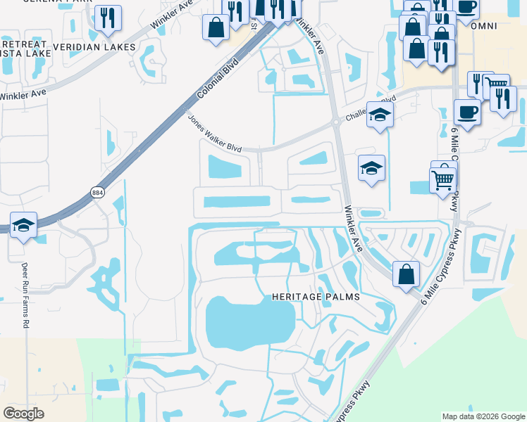 map of restaurants, bars, coffee shops, grocery stores, and more near 4399 Watercolor Way in Fort Myers