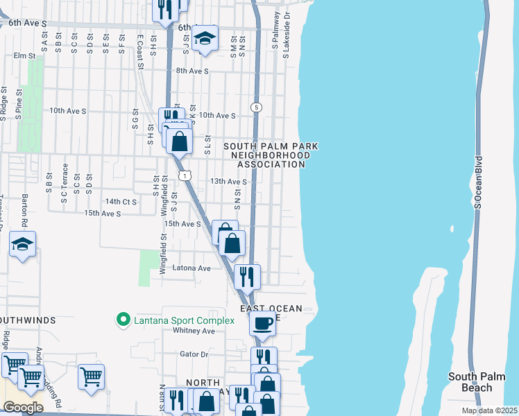 map of restaurants, bars, coffee shops, grocery stores, and more near 1421 South Palmway in Lake Worth
