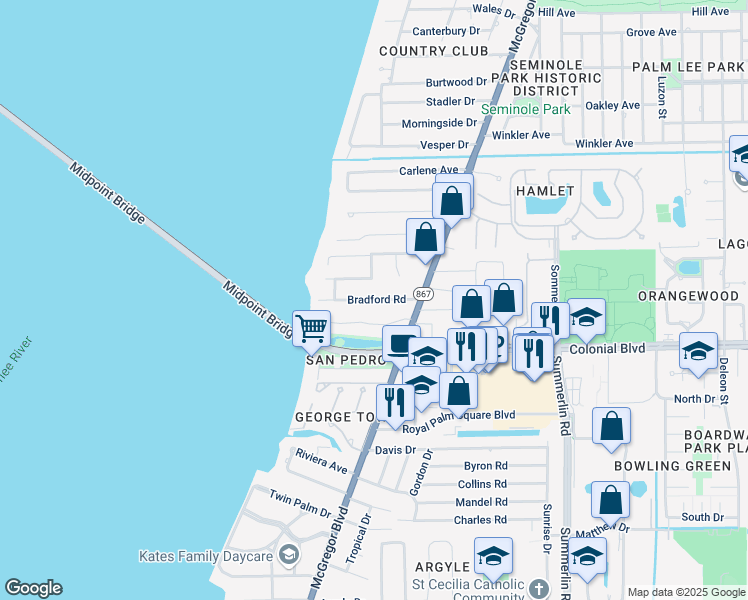 map of restaurants, bars, coffee shops, grocery stores, and more near 1331 Rio Vista in Fort Myers
