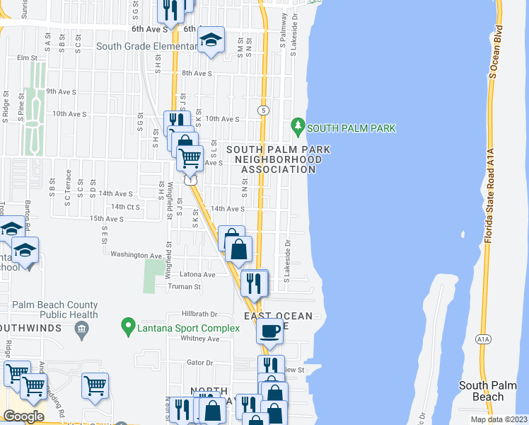 map of restaurants, bars, coffee shops, grocery stores, and more near 1402 South Federal Highway in Lake Worth