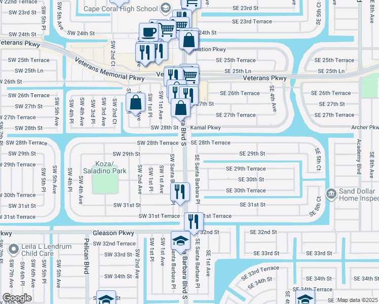 map of restaurants, bars, coffee shops, grocery stores, and more near 2829 Santa Barbara Boulevard in Cape Coral