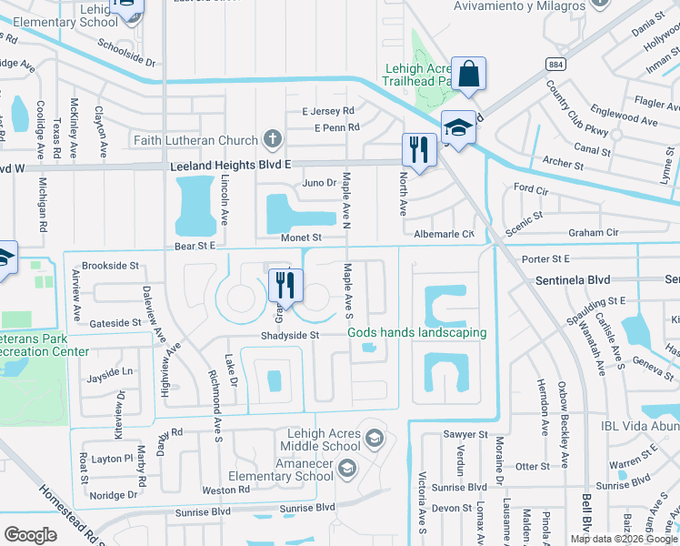 map of restaurants, bars, coffee shops, grocery stores, and more near 104 Maple Avenue South in Lehigh Acres