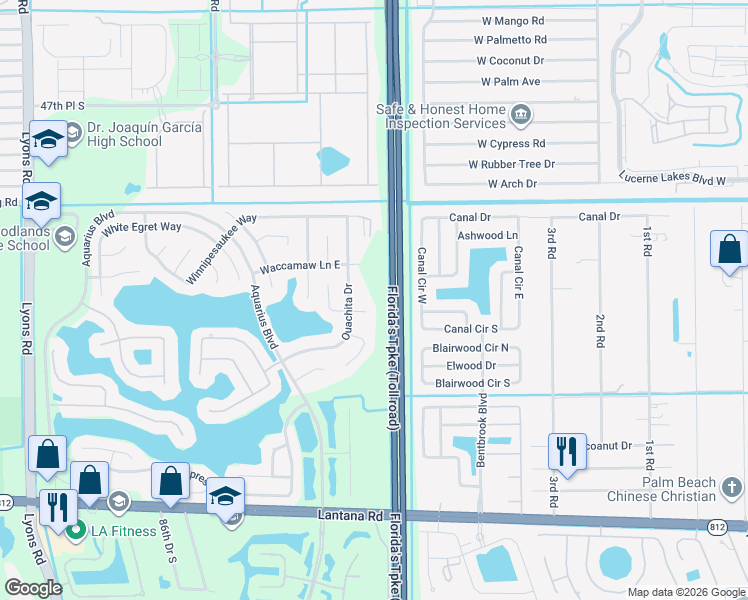 map of restaurants, bars, coffee shops, grocery stores, and more near 8116 Chatuga Court in Lake Worth