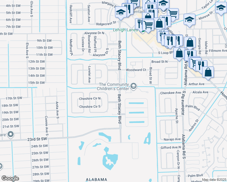 map of restaurants, bars, coffee shops, grocery stores, and more near 10 Beth Stacey Boulevard in Lehigh Acres