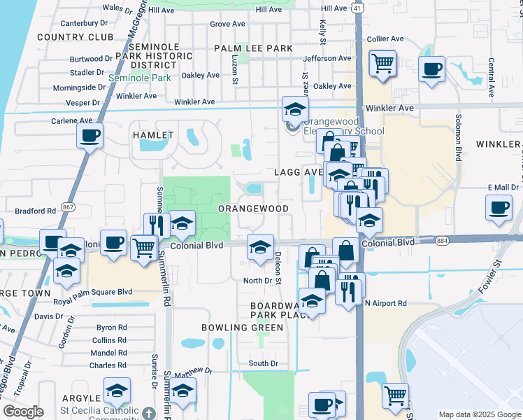 map of restaurants, bars, coffee shops, grocery stores, and more near 4351 Orangewood Avenue in Fort Myers
