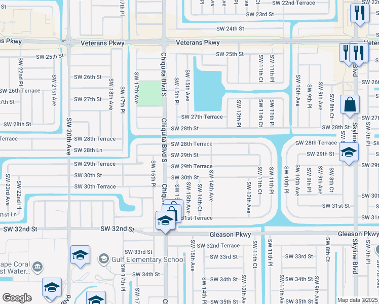 map of restaurants, bars, coffee shops, grocery stores, and more near 1503 Southwest 29th Terrace in Cape Coral
