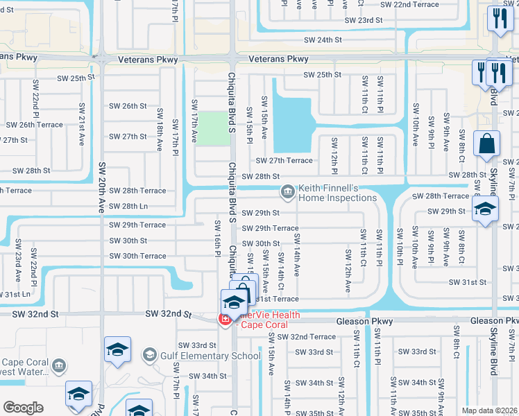 map of restaurants, bars, coffee shops, grocery stores, and more near 1503 Southwest 29th Terrace in Cape Coral