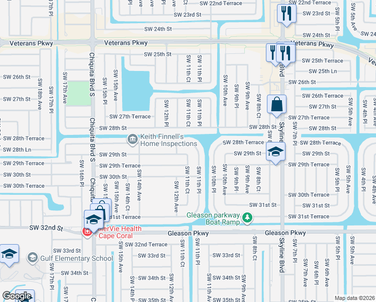 map of restaurants, bars, coffee shops, grocery stores, and more near 1127 Southwest 29th Street in Cape Coral