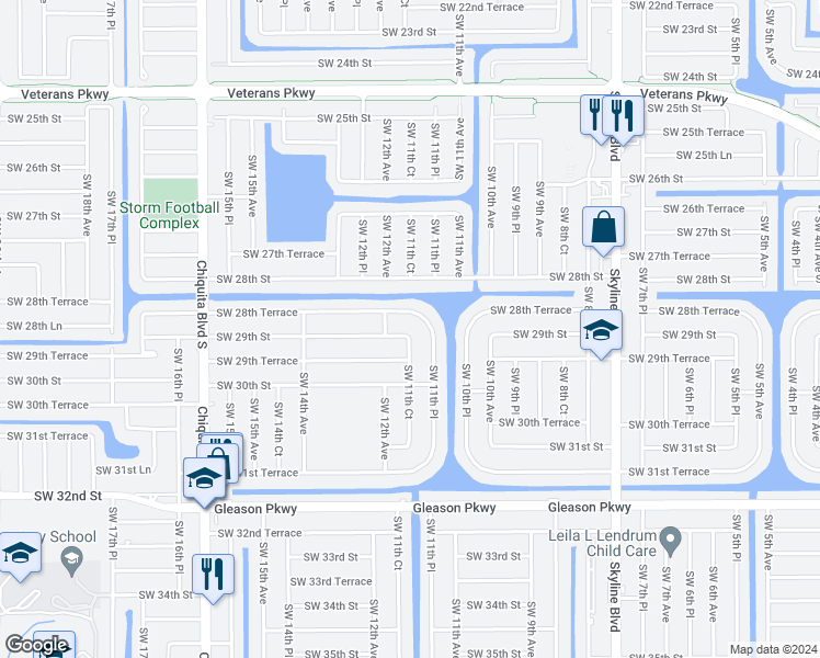 map of restaurants, bars, coffee shops, grocery stores, and more near 1127 Southwest 29th Street in Cape Coral