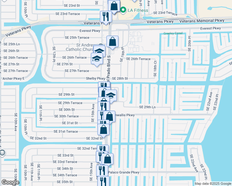 map of restaurants, bars, coffee shops, grocery stores, and more near 2846 Southeast 16th Place in Cape Coral