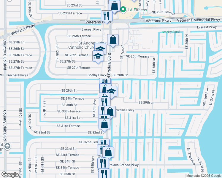 map of restaurants, bars, coffee shops, grocery stores, and more near 2846 Southeast 16th Place in Cape Coral