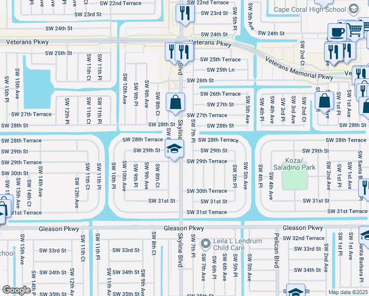 map of restaurants, bars, coffee shops, grocery stores, and more near 2918 Southwest 7th Place in Cape Coral