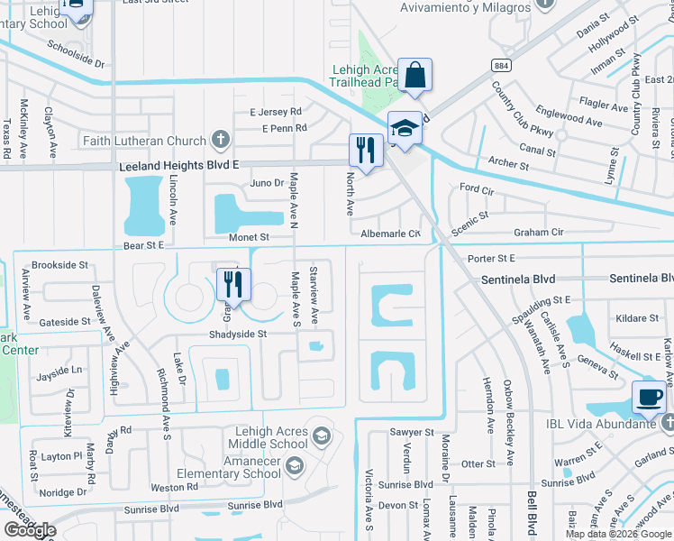 map of restaurants, bars, coffee shops, grocery stores, and more near 103 Waterview Avenue in Lehigh Acres