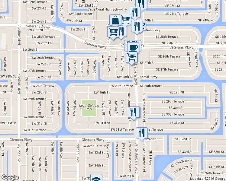 map of restaurants, bars, coffee shops, grocery stores, and more near 147 Southwest 29th Street in Cape Coral