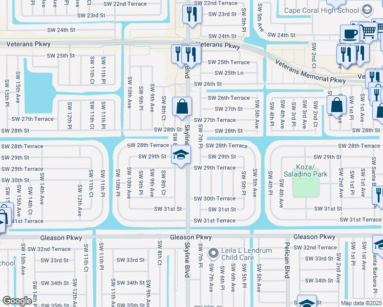 map of restaurants, bars, coffee shops, grocery stores, and more near 2918 Southwest 7th Place in Cape Coral
