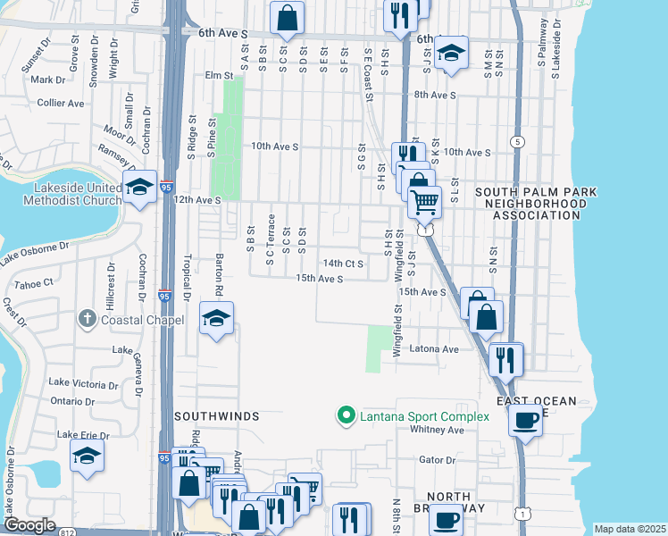 map of restaurants, bars, coffee shops, grocery stores, and more near 1209 14th Court South in Lake Worth