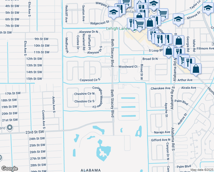 map of restaurants, bars, coffee shops, grocery stores, and more near 10 Beth Stacey Boulevard in Lehigh Acres