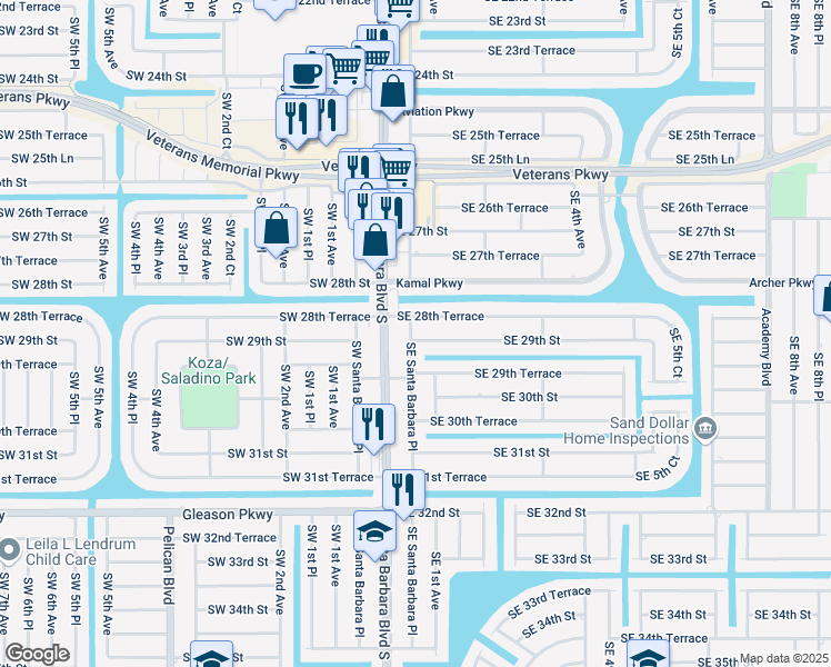 map of restaurants, bars, coffee shops, grocery stores, and more near 2908 Southeast Santa Barbara Place in Cape Coral
