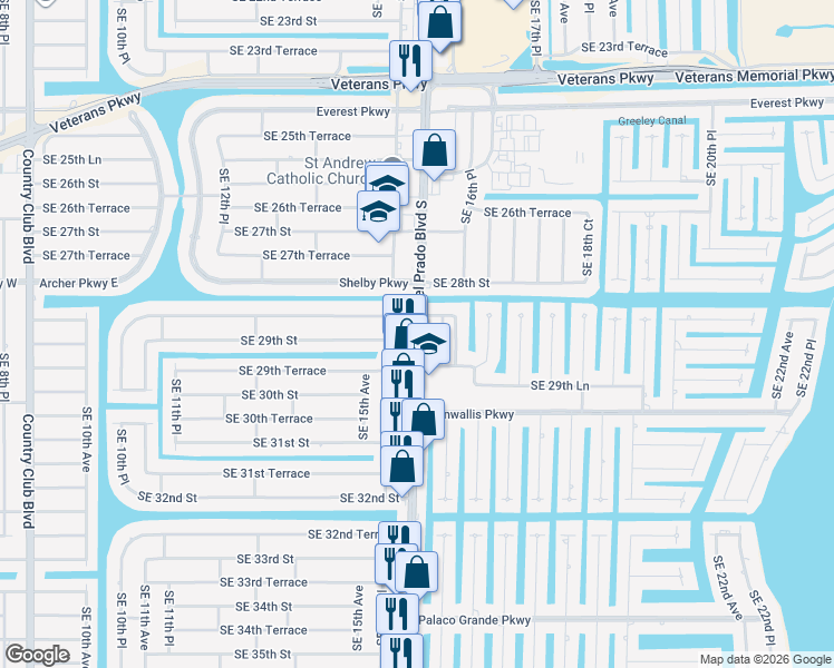 map of restaurants, bars, coffee shops, grocery stores, and more near 2813 Del Prado Boulevard in Cape Coral