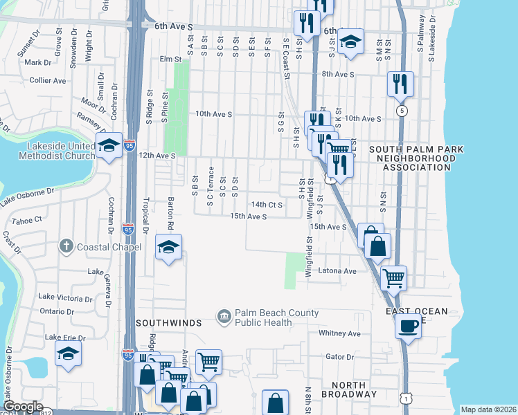 map of restaurants, bars, coffee shops, grocery stores, and more near 1205 14th Avenue South in Lake Worth