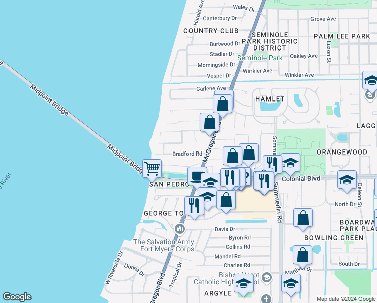 map of restaurants, bars, coffee shops, grocery stores, and more near 1341 Bradford Road in Fort Myers