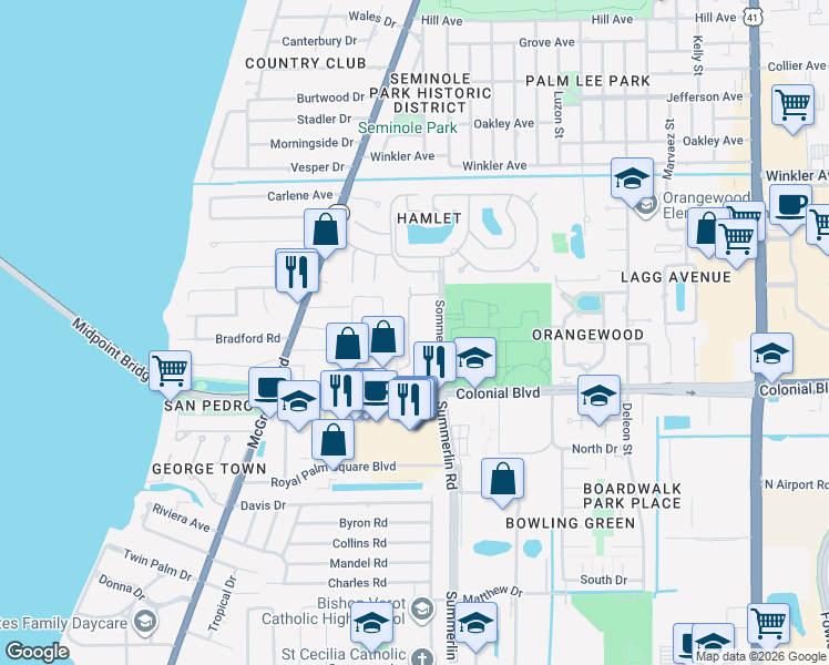 map of restaurants, bars, coffee shops, grocery stores, and more near 701 Lazio Way in Fort Myers