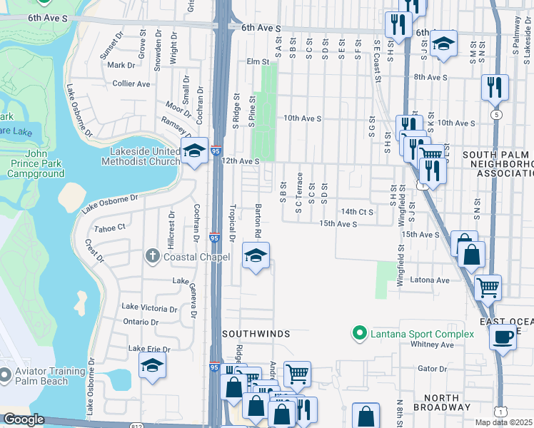 map of restaurants, bars, coffee shops, grocery stores, and more near 1405 South B Street in Lake Worth