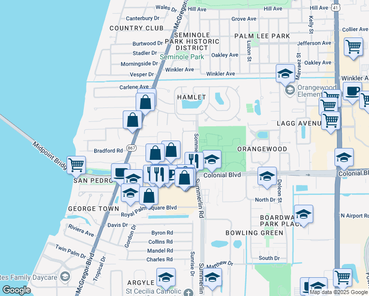 map of restaurants, bars, coffee shops, grocery stores, and more near 701 Lazio Way in Fort Myers