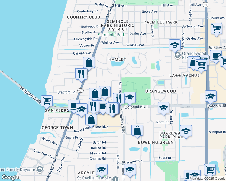 map of restaurants, bars, coffee shops, grocery stores, and more near 4381 Lazio Way in Fort Myers