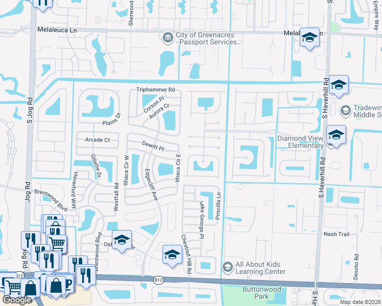 map of restaurants, bars, coffee shops, grocery stores, and more near 5463 Queenship Court in Greenacres