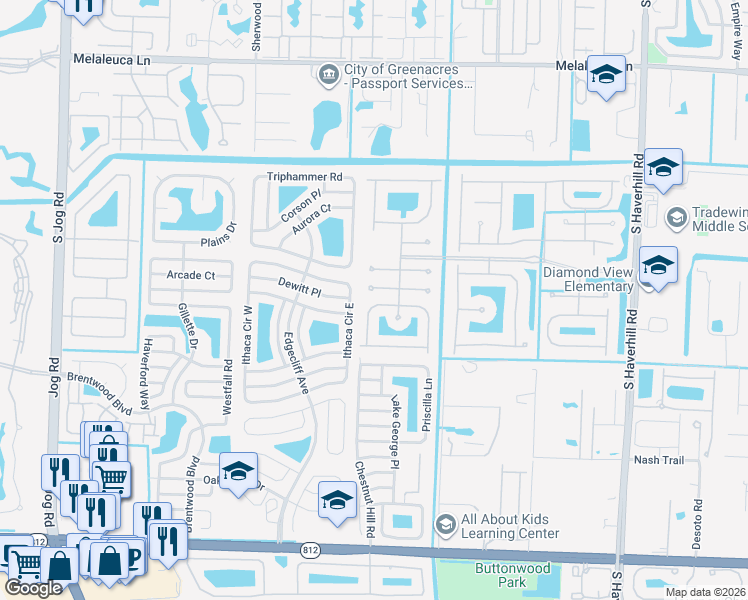 map of restaurants, bars, coffee shops, grocery stores, and more near 5463 Queenship Court in Greenacres