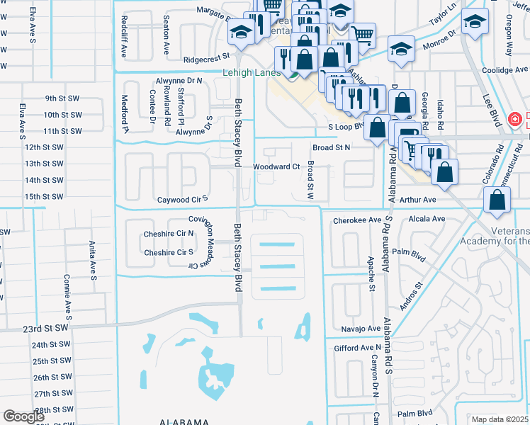 map of restaurants, bars, coffee shops, grocery stores, and more near 1260 Wings Way in Lehigh Acres