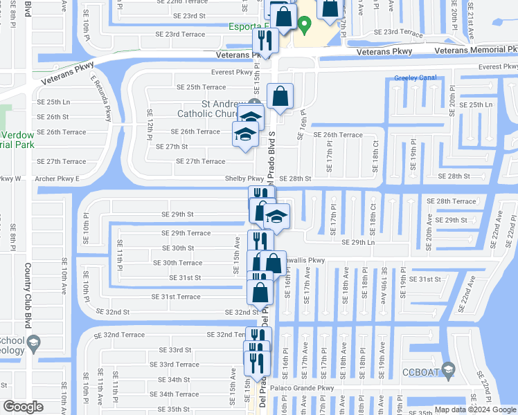 map of restaurants, bars, coffee shops, grocery stores, and more near 2804 Del Prado Boulevard South in Cape Coral