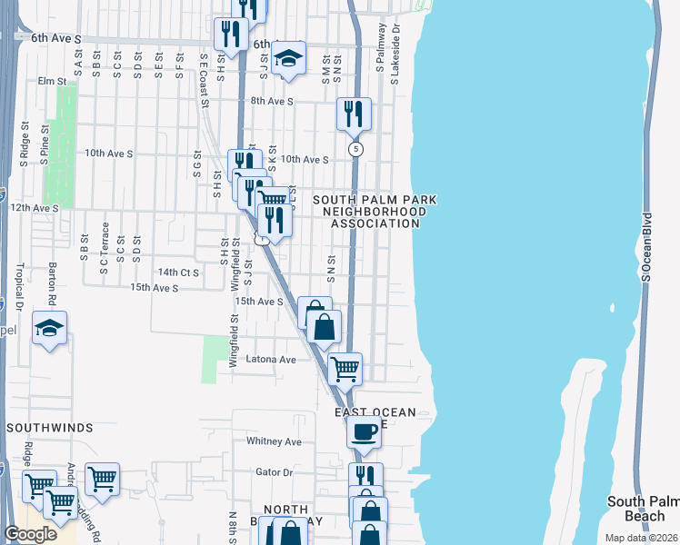 map of restaurants, bars, coffee shops, grocery stores, and more near 1315 South N Street in Lake Worth